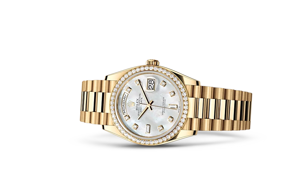 Rolex Day-Date Oyster, 36 mm, Gelbgold mit Diamanten - M128348RBR-0017 at Huber Fine Watches & Jewellery