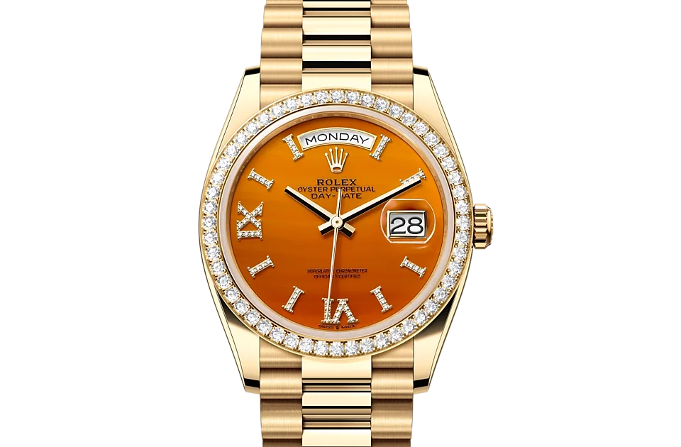 Rolex Day-Date Oyster, 36 mm, Gelbgold mit Diamanten - M128348RBR-0049 at Huber Fine Watches & Jewellery