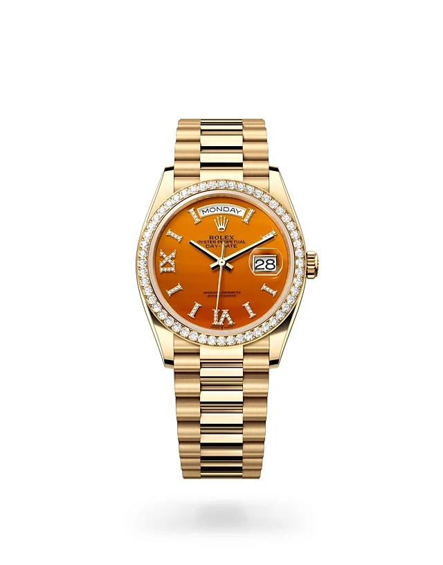 Rolex Day-Date Oyster, 36 mm, Gelbgold mit Diamanten - M128348RBR-0049 at Huber Fine Watches & Jewellery