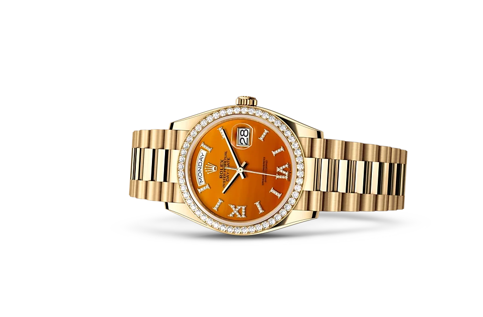 Rolex Day-Date Oyster, 36 mm, Gelbgold mit Diamanten - M128348RBR-0049 at Huber Fine Watches & Jewellery