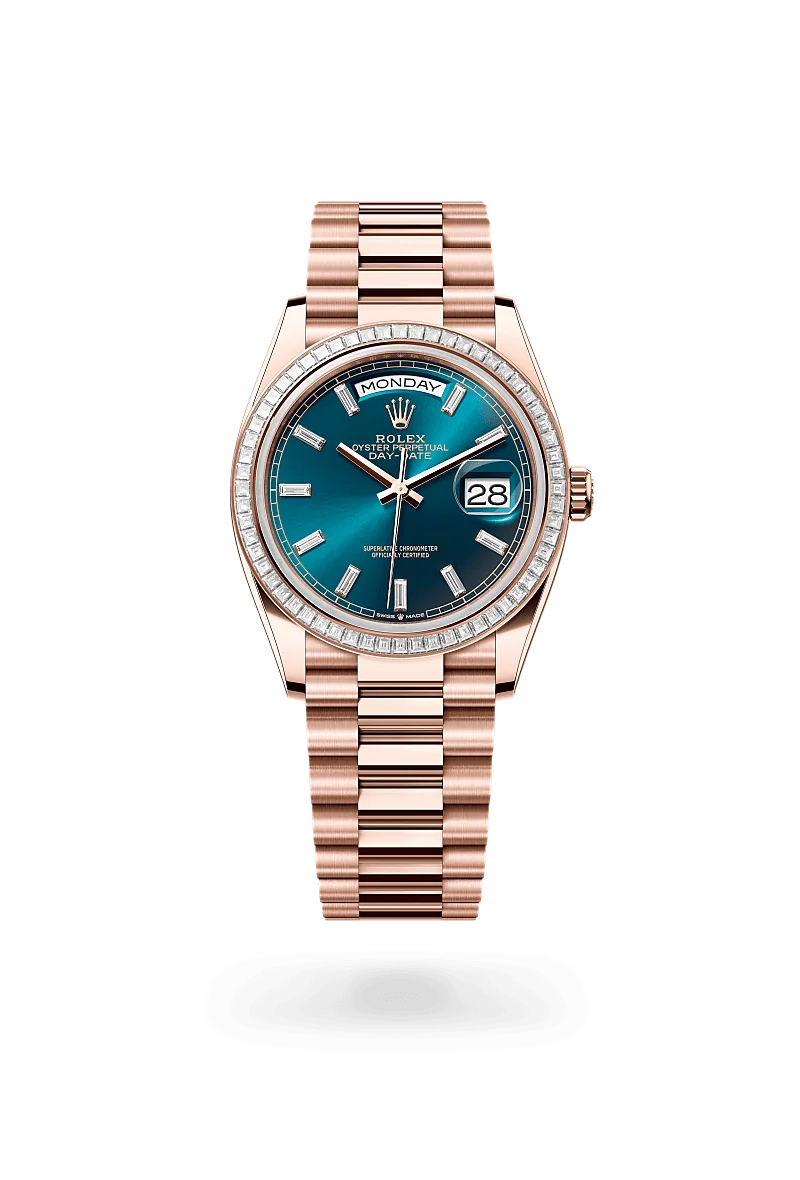 Rolex Day-Date Oyster, 36 mm, Everose-Gold mit Diamanten - M128395TBR-0032 at Huber Fine Watches & Jewellery