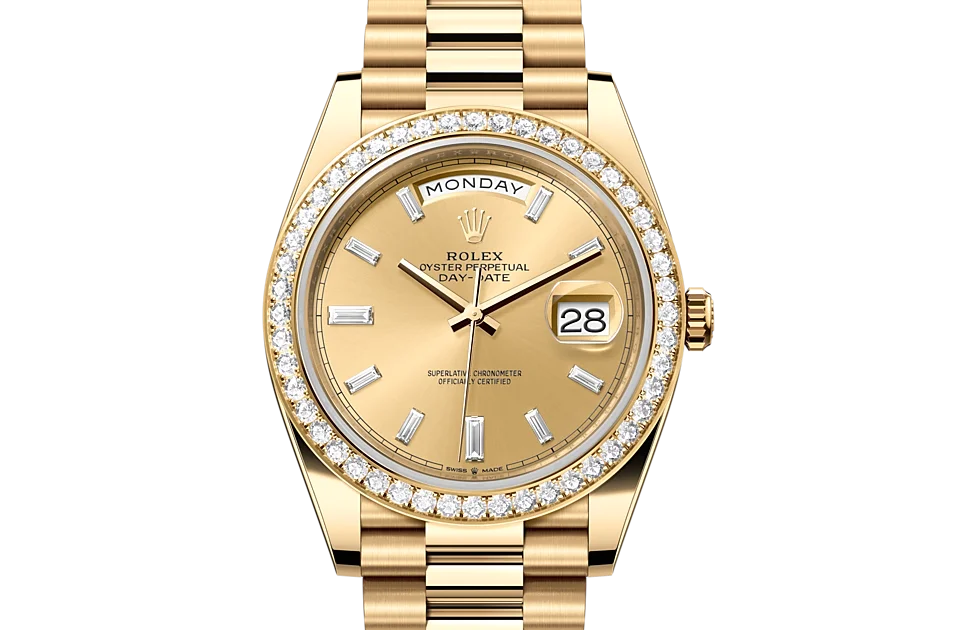 Rolex Day-Date Oyster, 40 mm, Gelbgold mit Diamanten - M228348RBR-0002 at Huber Fine Watches & Jewellery