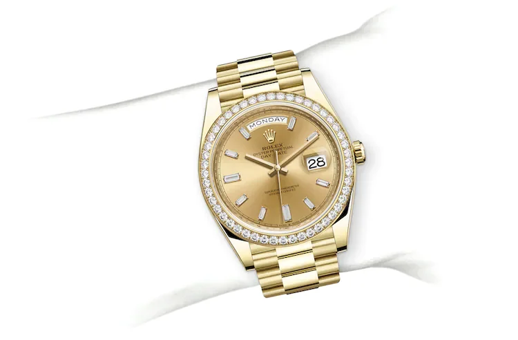 Rolex Day-Date Oyster, 40 mm, Gelbgold mit Diamanten - M228348RBR-0002 at Huber Fine Watches & Jewellery