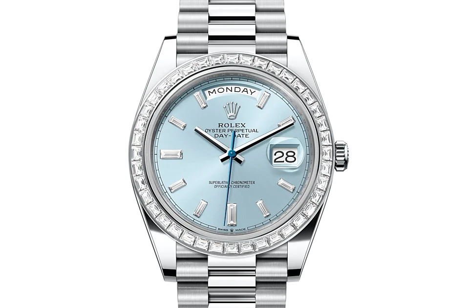 Rolex Day-Date Oyster, 40 mm, Platin mit Diamanten - M228396TBR-0002 at Huber Fine Watches & Jewellery