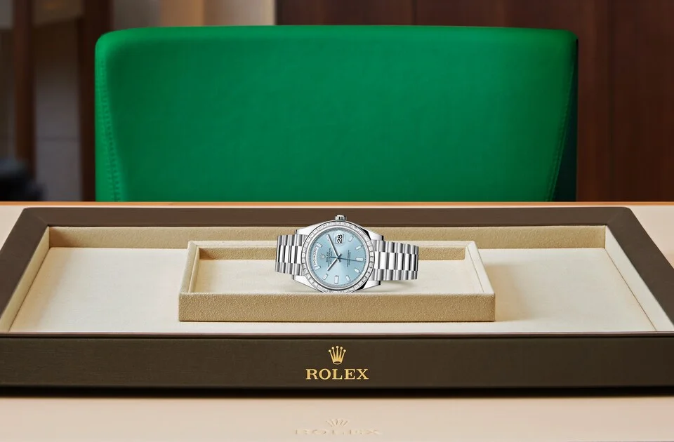 Rolex Day-Date Oyster, 40 mm, Platin mit Diamanten - M228396TBR-0002 at Huber Fine Watches & Jewellery