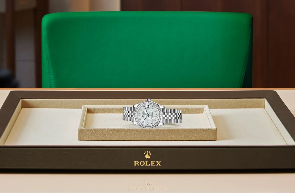 Rolex Datejust Oyster, 31 mm, Edelstahl Oystersteel und Weißgold mit Diamanten - M278384RBR-0008 at Huber Fine Watches & Jewellery